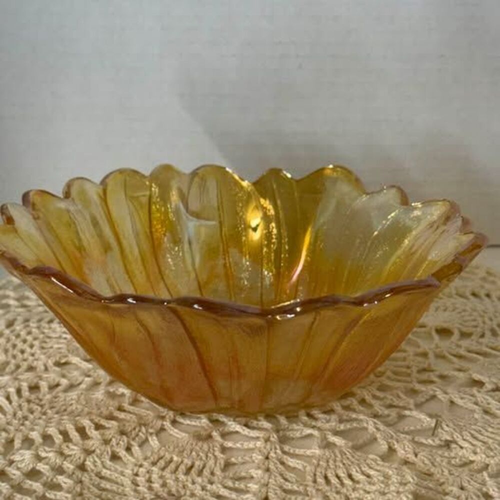 Vintage Marigold Carnival Glass Sunflower Bowl